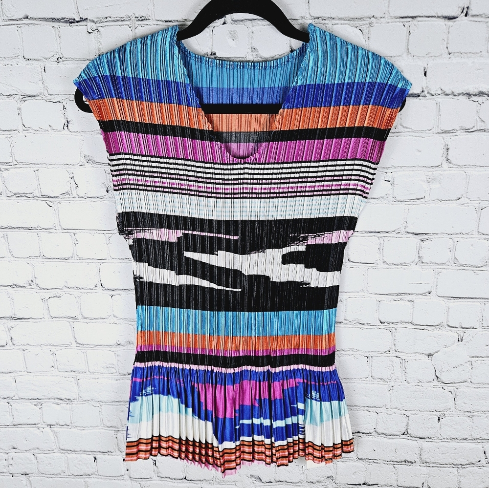 CHERIE BLISS | v-neck fit-&-flare accordion pleated stretch patterned blouse top